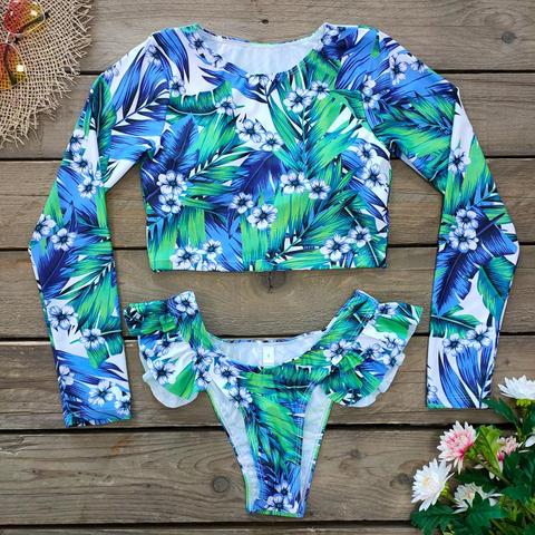 2022 Sexy Long Sleeve Bikinis Women Swimsuit Green Leaves Print Bathing Suits Beachwear Brazilian Bikini Set Biquini Female ► Photo 1/6