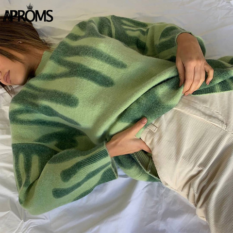 Aproms Elegant Green Striped Print Oversized Pullovers Women Winter O-Neck Loose Long Sweaters Streetwear Warm Outerwear 2022 ► Photo 1/6