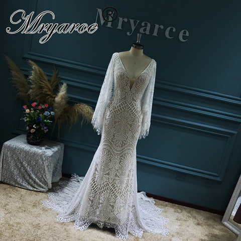 Mryarce Plunging V Neck Boho Chic Lace Wedding Dress Open Back Bohemian Bridal Gowns With Capes ► Photo 1/6