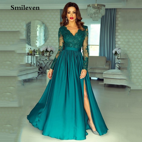 Smileven Sexy V Neck Formal Evening Dress Long Sleeve Prom Party Dress Side Split Longo Party Gown Custom Made ► Photo 1/6