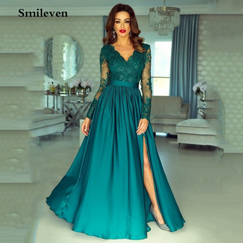 Smileven Sexy V Neck Formal Evening Dress Long Sleeve Prom Party Dress Side Split Longo Party Gown Custom Made ► Photo 1/6