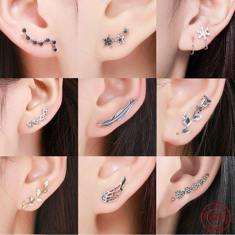 925 Sterling Silver Korean Feather Rose Flower Star Plane Cuff Stud Earrings for Women Fashion Women Earrings 2022 brincos s925 ► Photo 1/6