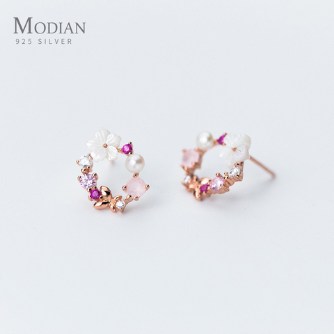 Modian Original Brand Round Pink Flower Zircon Stud Earrings Fashion Charm Genuine 925 Sterling Silver Fine Jewelry Korean Gift ► Photo 1/5