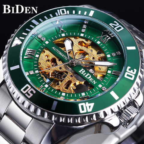 BIDEN Green Skeleton Dial Diamond Design Automatic Watch Waterproof Stainless Steel Luminous Hand Men Business Mechanical Watch ► Photo 1/6