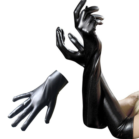 Women Sexy Latex Long Gloves Shiny Wet Look Leather Mittens Party Opera  Costume