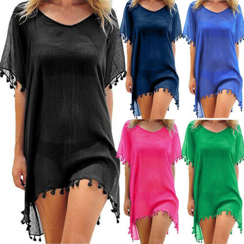 Meihuida Vintage Women Beach Dress Solid Mesh Cover-Ups Beachwear Ladies Tassel Swimwear Short Sleeve Bathing Chiffon Cover Up ► Photo 1/6