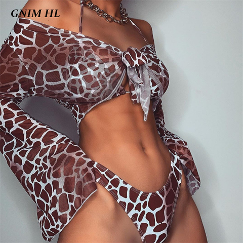 GNIM Long Sleeve Mesh Bikini Swimwear Women Three Pieces 2022 Leopard Swimsuit Female Summer Sexy Bathing Suit Brazilian Biquini ► Photo 1/6