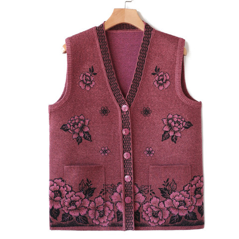 Middle-aged and Elderly Women's Vest Spring Autumn Leisure Plus Size Knitted Waistcoat Short Single-breasted Sleeveless Jacket ► Photo 1/6