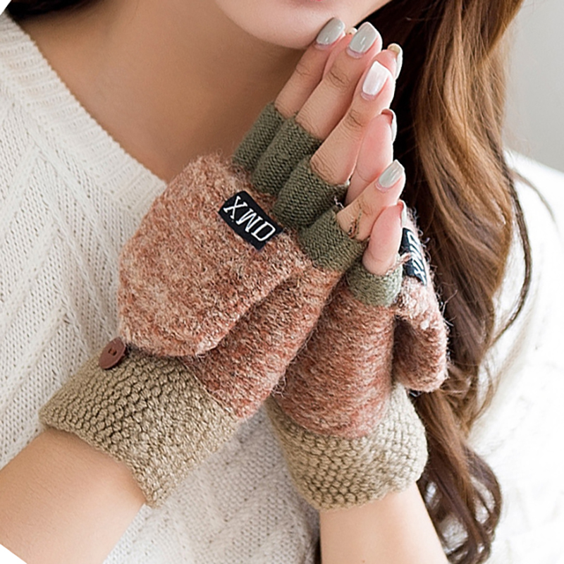 Women's Wrist Brown Gloves Fluffy Half Finger Knitting Gloves 