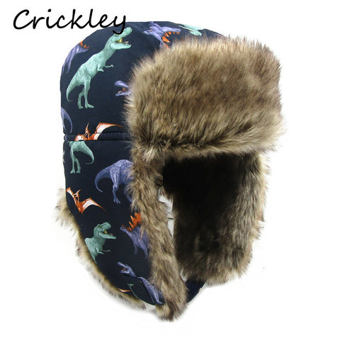 Winter Children Fur Keep Warm Hats Cartoon Dinosaur Pattern Ushanka Caps for 1-10 Years Boys Girls Windproof Soft Skiing Hat ► Photo 1/5