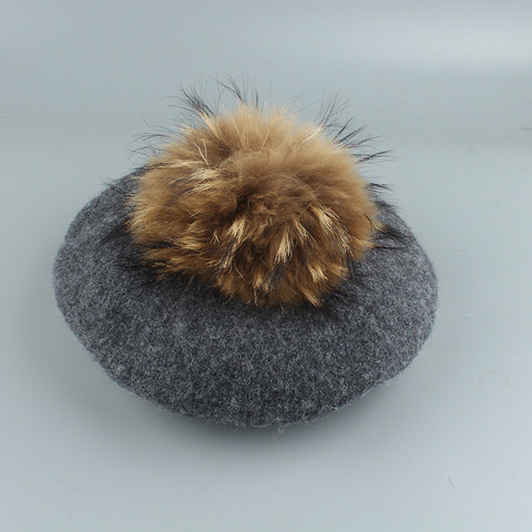 2022 New Big Real Fur Pompom Beret Women Vintage Artist Beret Hat Girls Autumn Spring Wool Knitted Cap ► Photo 1/6