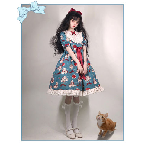 Japanese Sweet Kawaii Lolita dress gray-green wish cat Lolita cat Vintage Victorian Gothic  Bow Princess Tea Party Dresses ► Photo 1/6