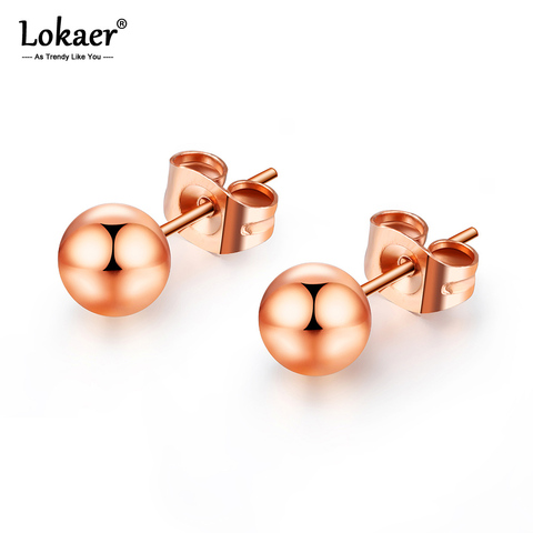 Lokaer Top Quality Rose Gold Color Stainless Steel Romantic Stud Earrings Sweet Cute Round Beads Earring Jewelry For Girl E18115 ► Photo 1/6