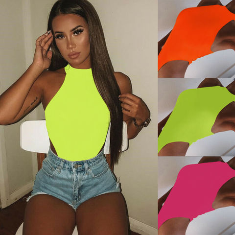 Women Ladies Sexy Sleeveless Solid Color High Cut Slim Skinny Bodycon Club Beach Fashion Halter Bodysuits Leotard ► Photo 1/6