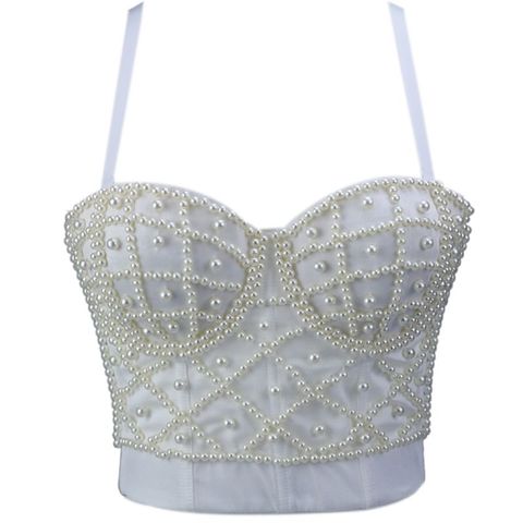 Women Sleeveless Crop Top Sexy Pearl Beaded Bustier Push Up Corset Club Bralette ► Photo 1/6