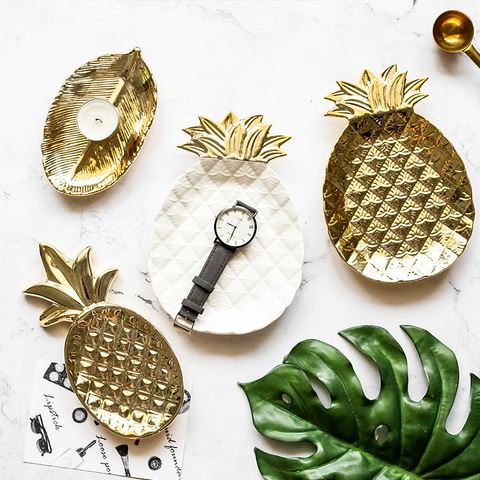 Ceramic Pineapple Leaves Jewelry Dish Gold Silver White Black Earrings Ring Decorative Plate Dessert Tray Bowls ► Photo 1/4