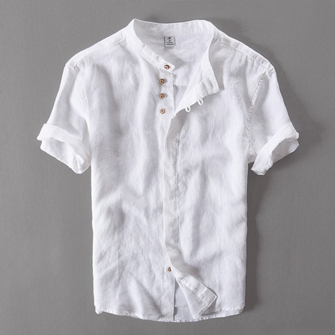 2022 Summer Short Sleeve Shirts Men Cotton Linen Slim Thin Section Casual Solid White Tops Plus Size M-4XL Y073 ► Photo 1/5