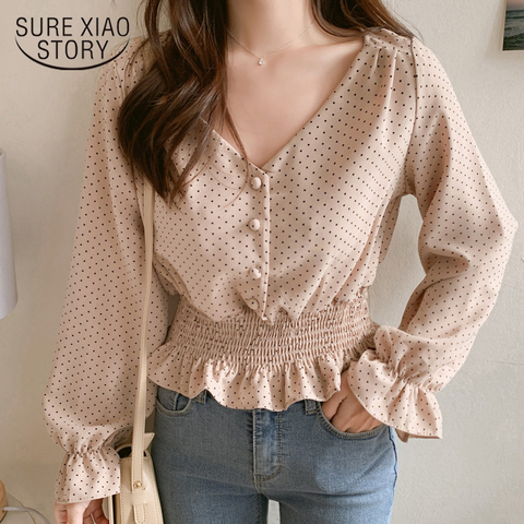 Vintage V-neck Flare Sleeve Polka Dot Women Blouse Shirts Elegant Front Buttons Slim Waist Ruffles Female Blouse blusas 6602 50 ► Photo 1/6