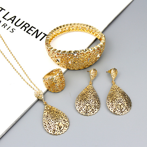 Sunspicems 2022 Gold Color Metal Arab Jewelry Set Hollow Bangle Earring Necklace Ring Wedding Bijoux Algeria Dubai Bridal Gifts ► Photo 1/6