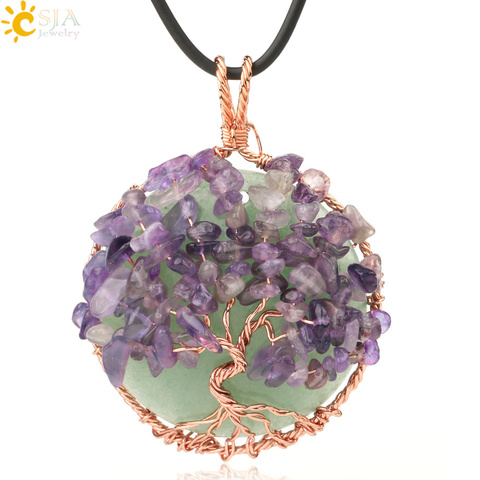 CSJA Natural Cabochon Stone Tree of Life Pendant Rose Gold Color Wire Wrap Chip Bead Wisdom Tree Healing Women Men Necklace G193 ► Photo 1/6