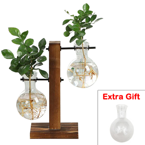 Terrarium Hydroponic Plant Vases Vintage Flower Pot Transparent Vase Wooden Frame Glass Tabletop Plants Home Bonsai Decor ► Photo 1/6