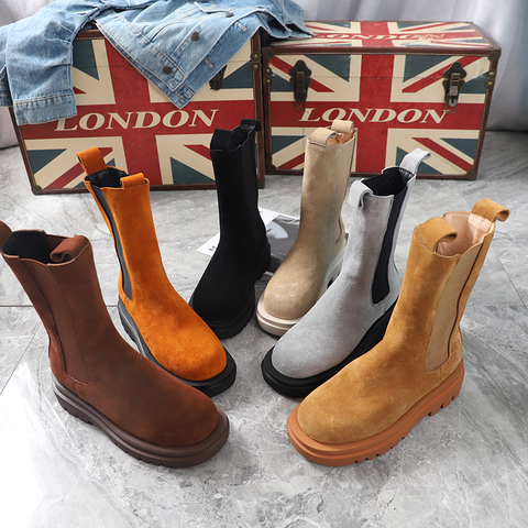 Spring Frosted Genuine Leather Chelsea Boots Female Casual Boots Fashion Preppy Style Pig Suede Women's Shoes 6 Candy Colors ► Photo 1/6