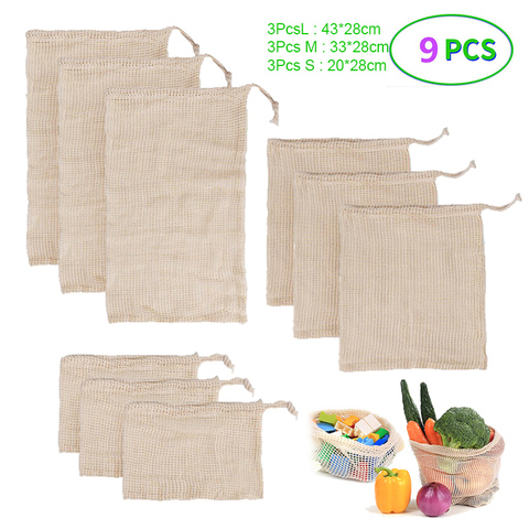 9Pcs Reusable Cotton Mesh Bag Kitchen Fruit Vegetable Produce Bags Home Storage Bags Organizer Washable Cotton Shopping Bag ► Photo 1/6