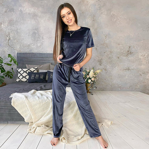 HiLoc Blue Velvet Sleepwear Winter Warm Home Suit Sets Female Pajamas Loose Pants Ribbon Knit Short Sleeve Two Piece Set Lounge ► Photo 1/6