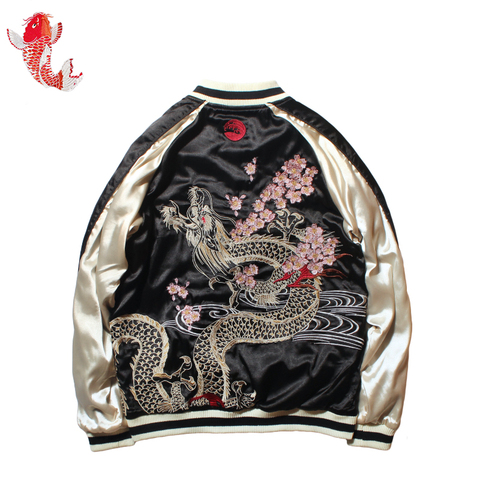 Japanese Cherry Blossoms Dragon Totem 2 Side Wear Yokosuka Embroidery Jackets Women Autumn Baseball Coats for Lovers Overcoat ► Photo 1/6