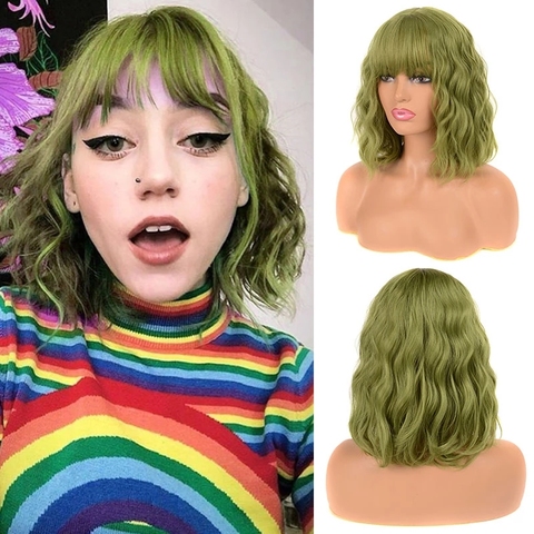 Short Straight Bobo Synthetic Wigs Green Cosplay Wigs with Bangs for White/black Women Girls Lolita Cute Wigs ► Photo 1/6