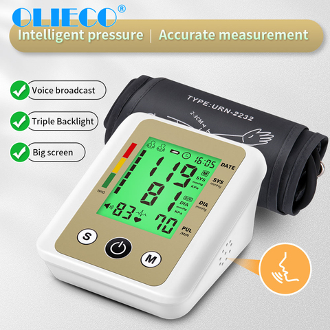 OLIECO Automatic Blood Pressure Monitor Upper Arm Digital BP Tonometer Pulse Gauge Heart Beat Meter English Voice LCD Display ► Photo 1/6