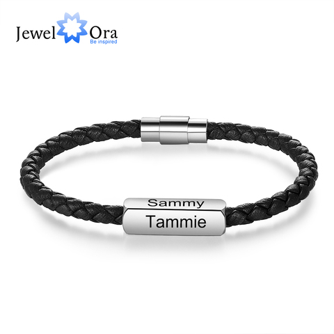 JewelOra Personalized Engraving 1-4 Names Stainless Steel Wristband Bracelets Black Braided Leather Bracelets for Men Gifts ► Photo 1/6