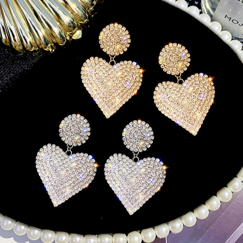 LATS New Heart Earrings Women's Luxurious Geometric Full Rhinestone Earrings Korean Gold/Silver Color Love 2022 Fashion Jewelry ► Photo 1/6
