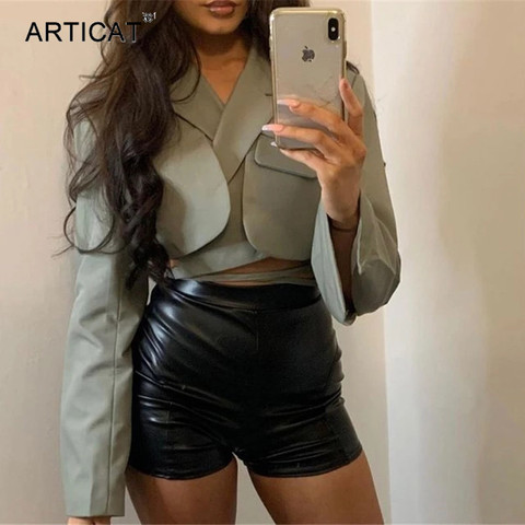 Articat Gray Double Layer Bandage Slim Blazer Women Long Sleeve Pocket Short Jacket Female Notched Collar Outwear Tops 2022 New ► Photo 1/1