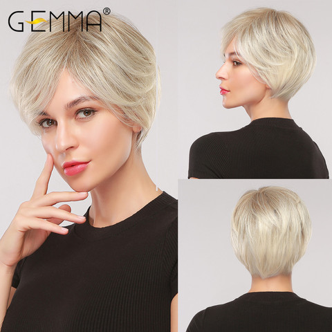 GEMMA Ombre Light Brown Gray Ash Blonde Wigs with Side Bangs Pixie Cut Short Straight Synthetic Party Cosplay Wigs for Women ► Photo 1/6