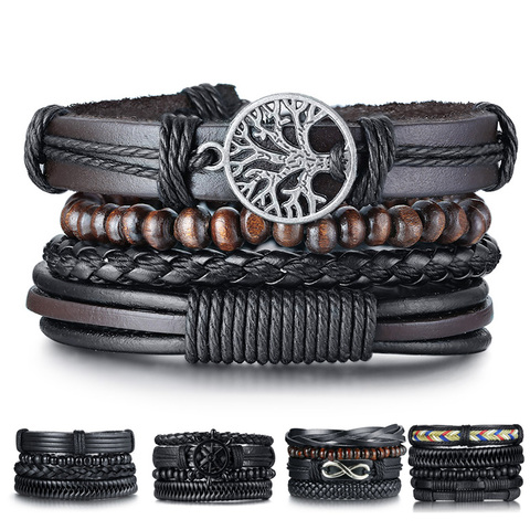 Multilayer Tree Of Life Wristbands Braided Wrap Leather Bracelets For Women Mens Wooden Beads 4pcs/set Jewelry ► Photo 1/6