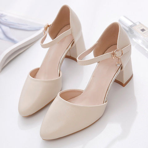 Single Shoes Woman Mid Heels Women Pumps Ankle Strap Buckle Block Heel Footware for Office Lady Beige Apricot ► Photo 1/6