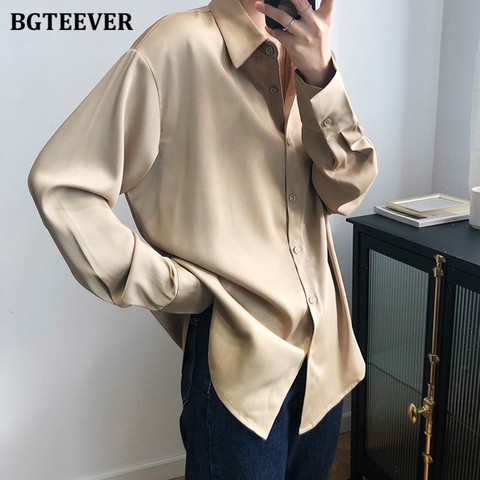 BBTEEVER 2022 New Chic Women Satin Shirts Long Sleeve Solid Turn Down Collar Elegant Office Ladies Workwear Blouses Female ► Photo 1/6