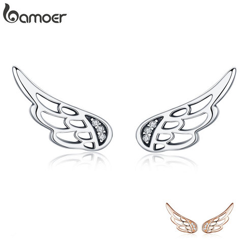 BAMOER Genuine 925 Sterling Silver  Feather Fairy Wings Stud Earrings Silver for Women Fashion Silver Jewelry Christmas SCE343 ► Photo 1/6