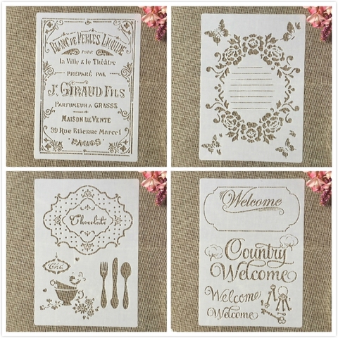 4Pcs A4 29cm Vintage French Words Ticket DIY Layering Stencils Painting Scrapbook Coloring Embossing Album Decorative Template ► Photo 1/5