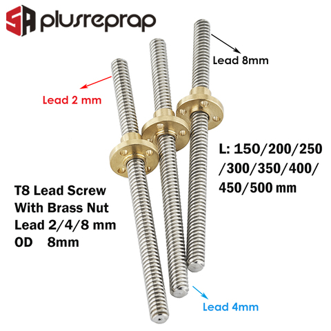 T8 Lead Screw OD8mm Pitch 2mm Lead 2/4/8mm 150mm 200mm 250mm 300mm 350mm 400mm 500mm with Brass Nut for Reprap 3D Printer Z Axis ► Photo 1/5
