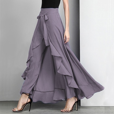 Women Chiffon Tie-Waist Ruffle Palazzo Pants Pure Color Irregular Hem Long Pant Summer Elegant Loose Wide Leg Pants Skirts Style ► Photo 1/6