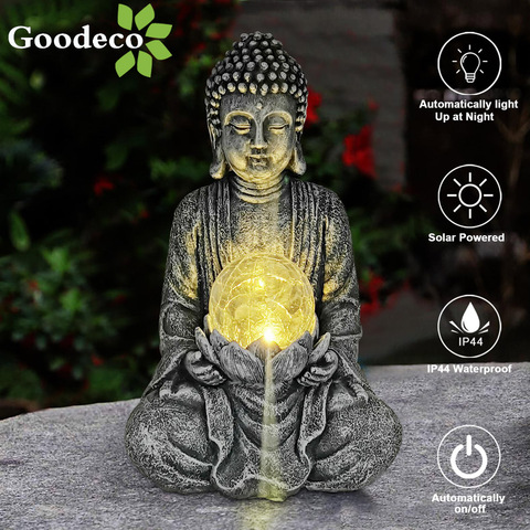 Goodeco Buddha Statue Garden Ornament Zen Home Figurines With Cracked Glass Ball  Solar Light Sculpture Balcony Yard Patio Decor ► Photo 1/1