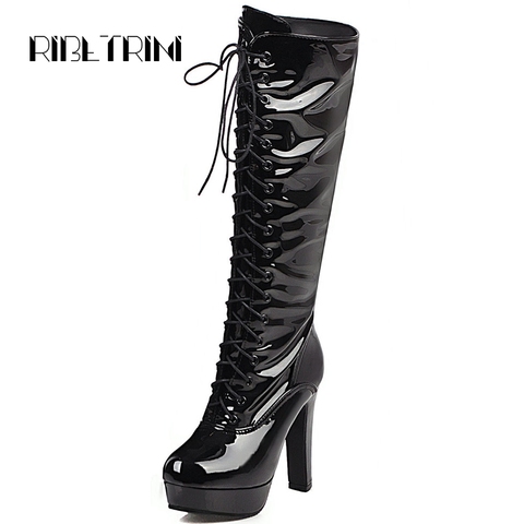 RIBETRINI 2022 Hot Women Knee Boots Vintage Square High Heels Lace Up Round Toe Platform Patent PU Leather Knight Boots Big Size ► Photo 1/5