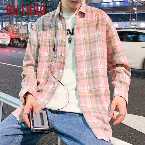 RUIHUO Harajuku Mens Shirt Plaid Shirt Men Shirts For Men Clothing Checkered Shirt Men Blouse M-4XL 2022 Spring New Arrival ► Photo 1/6