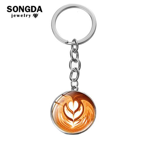 SONGDA Fashionable Cappuccino Coffee Keychain Hot Chocolate Art Pattern Glass Dome Pendant Key Chain Ring Gift for Coffee Lovers ► Photo 1/6