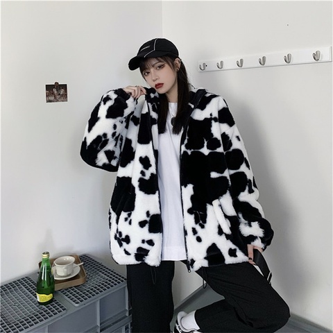 Korean Winter New Fashion Coat Harajuku Cows Printing Loose Full Sleeve Leather Jacket Vintage Flannel Keep Warm Cotton Clothes ► Photo 1/6