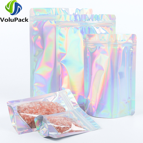 Smell Proof Plastic Package Bags Ziplock Bags Clear Front Holographic Silver Back Pouches Recyclable Metallic Mylar Storage Bags ► Photo 1/6