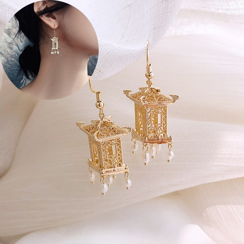 Chinese Style Pavilion Pearl Drop Earrings Fashion Vintage Dangle Bohemian Earrings for Women Ethnic Party Earrings Jewelry ► Photo 1/4