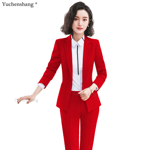 Red Black Blue Women Formal Blazer and Pant Suit With Slanted Pockets Single Button Jackets Two Pieces Set For Office Ladies ► Photo 1/1